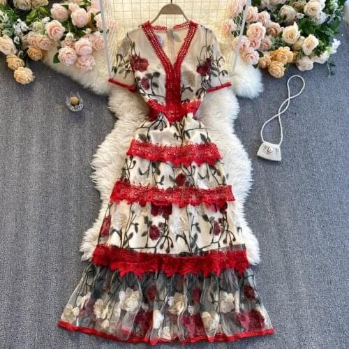 New Fashion Rose Embroidered V Neck Short-sleeved Lace Dress Women Elegant High waist Party Vestidos