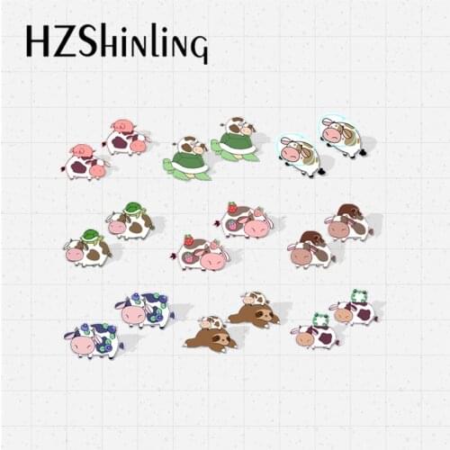 2021 New Funny Cow with Frog Turtle Sloth Epoxy Stud Earrings Kawaii Cow Handcraft Acrylic Earrings for Kids