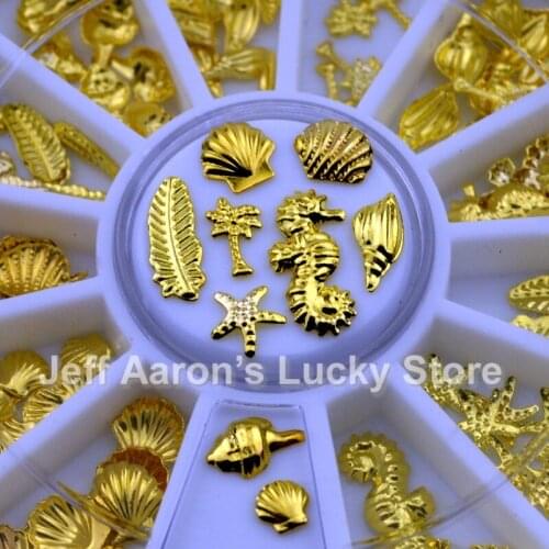 3D Gold Metal Nail Art Decoration Accessories Nail Supplies Wheel Manicure Beauty Tools Shell Conch Starfish Feather Design