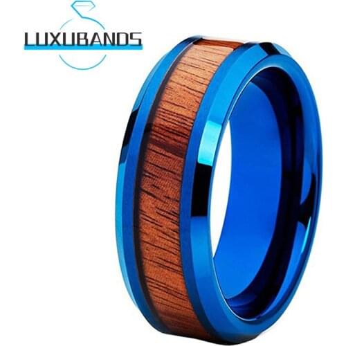 8MM Tungsten Wedding Rings For Women Men Blue Beveled Edges Wood Inlay Polished Finished Comfort Fit