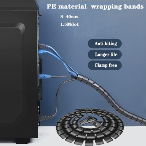 1.5Meter 8/10/16mm Black Cable Wire Wrap Organizer Spiral Tube Cable Winder Cord Protector Flexible Management Wire Storage Pipe