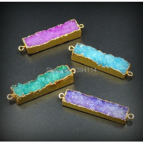 Mixed Colors Crystal Druzy Rectangle Connectors Of 24K Gold Cladding Approx 40*10 mm