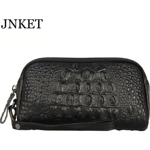 JNKET New Womens Cowhide Wallet Crocodile Pattern Purse Zipper Clutch Bag Card Holder Long Wallet Handbag Detachable Wristlet
