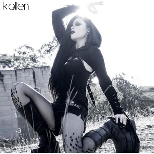 KLALIEN Gothic Women Hoodies Back Lace Up Sexy Cropped Top New Long Sleeve Street Casual Sweatshirt Tracksuit Hoody