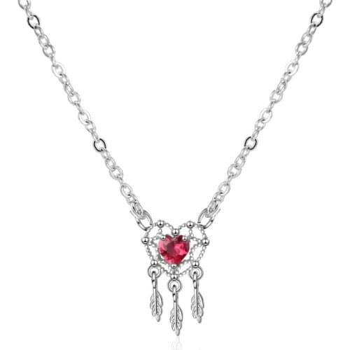 KOFSAC Fashion 925 Silver Necklaces For Women Charm Red Crystal Dream Love Heart Pendant Necklace Valentines Day Jewelry Gifts