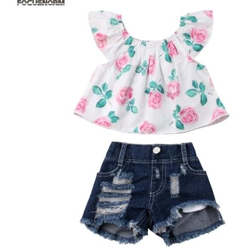 Toddler Kids Baby Girl Summer Clothes Set Flower Off Shoulder Blouse Tops+ Denim Shorts Outfits Clothes