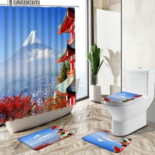 Mount Fuji Scenery Shower Curtain Plant Flower Natural Landscape Photography Bathroom Non-Slip Carpet Toilet Cover Floor Mat Set