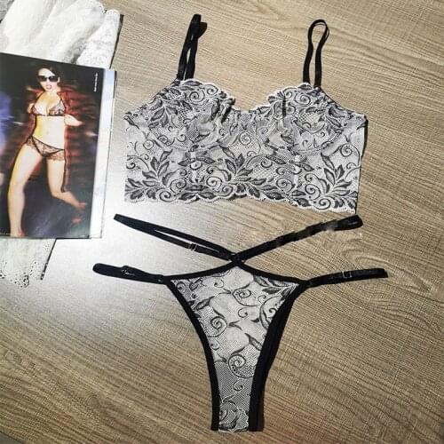 Light luxury see-through thin bra set sexy lace with steel ring temptation thong underwear womens non-sponge bralette panty