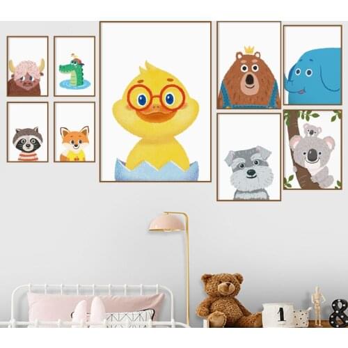 Fox Bear Elephant Koala Raccoon Cartoon Animals Art Canvas Painting Nordic Posters And Prints Wall Pictures For Kids Room Decor
