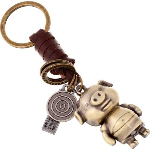 Fashion Vintage Retro Keychain Alloy Pig Pendant Braided Leather Holder Animal Keyring for Bag Car Key Chain Unisex Jewelry Gift
