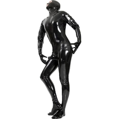 Mens Stretch PVC Bodysuit With Penis Sleeves Sexy Open Eye PVC Wetlook Leather Latex Catsuit Hot Erotic Gay Fetish Wear Costume