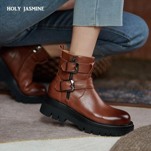 2021 New Cow Leather Chelsea Boots Women Slip on Ankle Boots Buckle Brown Fashion Genuine Leather Boots Ladies Fashion Shoes