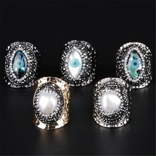 Evil eye natural pearl charm rhinestone beads black Ring resizable Hammered Open wrapped Ring Cuff for Women man