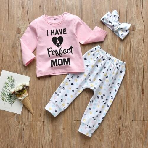 Autumn Newborn Baby Girls Clothes Long Sleeve Letter I Have a Perfect Mom T-shirt+Pants+Headband 3Pcs Infant Clothing Set