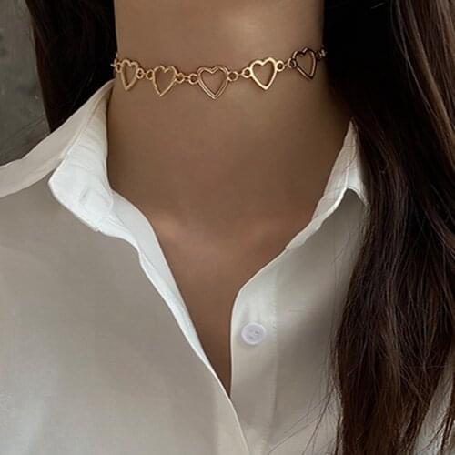 KISS WIFE Kpop Heart Chain Choker Necklace For Women Girls Collar Goth Pearl Necklaces Aesthetic Jewellery 2021Trend Jewelry