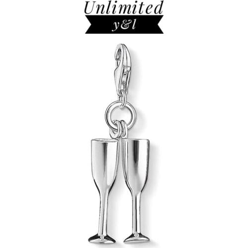 Double Champagne Glasses Charms Pendants DIY Jewelry Making 925 Sterling Silver Accessories fit Bracelet Necklace Women Men Gift