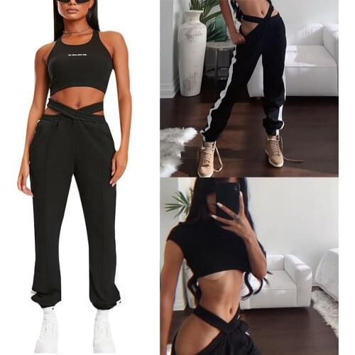 Womens Casual Jogger Pants, Contrasting Double Waist Slacks Criss Cross Elastic Waist Striped Print Loose Sweatpants