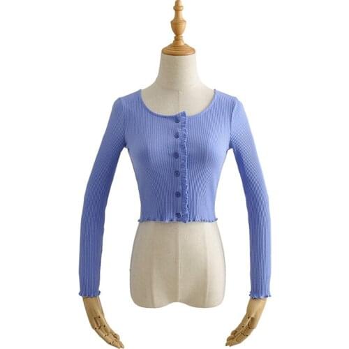 O neck sweater casual long sleeve crop top sweater korean knitted cardigan crop top button up cardigan purple cardigan female
