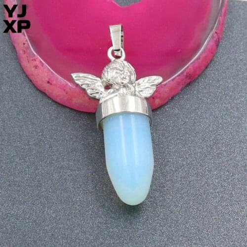 YJXP Romantic Silver Plated Cute Angel Wing Water Drop Pendant Opalite Opal Jewelry