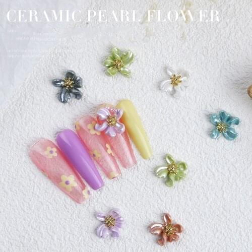 Nail Pearl Flower Four Lilacs Flower Nail Jewelry Flower Pendant 3d Metal Flowers Nail Rhinestones With Artificial Pearls Charms