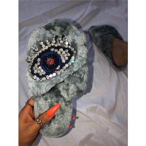 New arrivals 2021 diamond studded slippers and sandals women fur slides wholesale fluffy