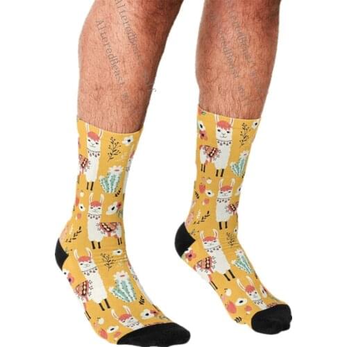 2021 Funny Socks Men harajuku White Llama with flowers Socks Printed Happy hip hop Novelty Skateboard Crew Casual Crazy Socks