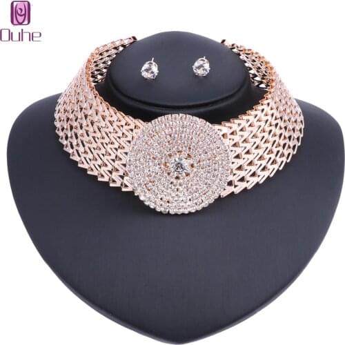 Women Rhinestone Statement Pendants Jewelry Crystal Set Necklace Earring Women Accessories 2 Colors