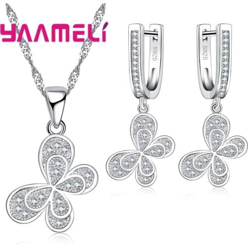 100% Real 925 Sterling Silver Jewelry Sets For Women Gifts Cubic Zirconia Inlay Paved Butterfly Bridal Necklace Earrings