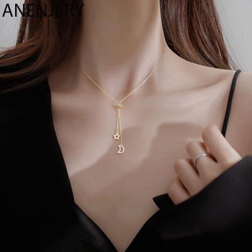 ANENJERY 925 Sterling Silver Stars Moon Long Tassel Necklace for Women Light Luxury Niche Clavicle Chain Hot Selling Jewelry