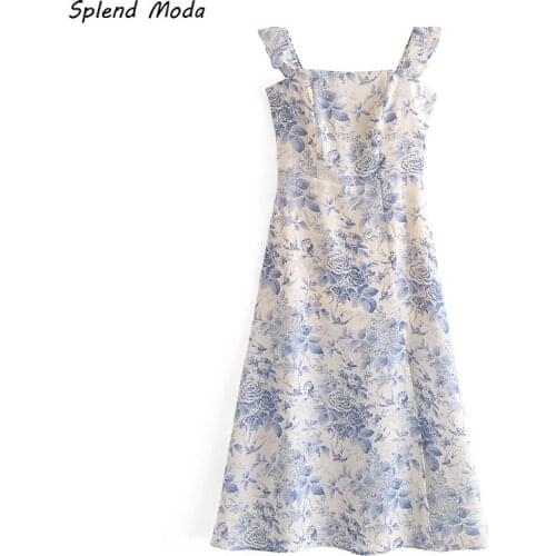 Splend Moda Summer 2021 New Camisole Ruffle Side Slit Floral Print Elastic Folds Women Dress Zipper Vestido Fashion