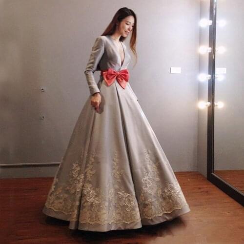 2019 Fall Winter Silver Satin Wedding Dress with Lace Bow Belt Long Sleeve Deep V Neck Bridal Gowns Customize