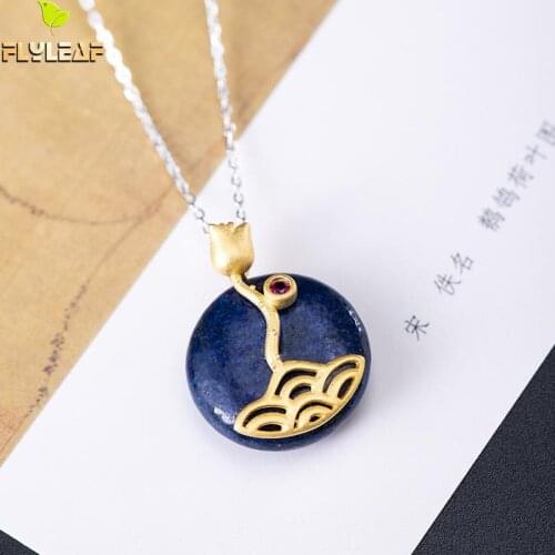 925 Sterling Silver Lapis Lazuli Flower Pendant Necklace For Women Original Handmade Female Luxury Vintage Jewelry Spring New