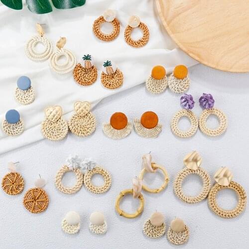 AENSOA Fashion Handmade Rattan Knit Drop Earrings Unique 2021 Summer Pendant Earrings Geometric For Women Party Jewelry Gift