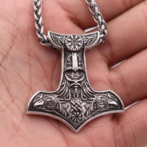 Antiquing Nordic Aegishjalmur Helm Of Awe Slavic Kolovrat Thor Hammer Mjolnir Triangle Trinity Odin Raven Amulet Viking Necklace