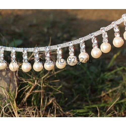 Free shipping 90cm/pack 2cm pearl beaded trims clear crystal rhinestone chain DIY curtain wedding dress shoes sewing decoration