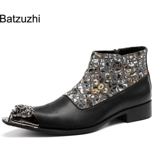 Batzuzhi Fashion Personality Mens Ankle Boots Genuine Leather Pointed Metal Toe Zip Black Color Leather Motorcycle/Party Botas