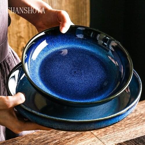 CHANSHOVA Traditional Chinese Kiln Change Color Glaze Large Ceramic Salad Plates Round Porcelain Dinner Dishes Dessert Tray H230