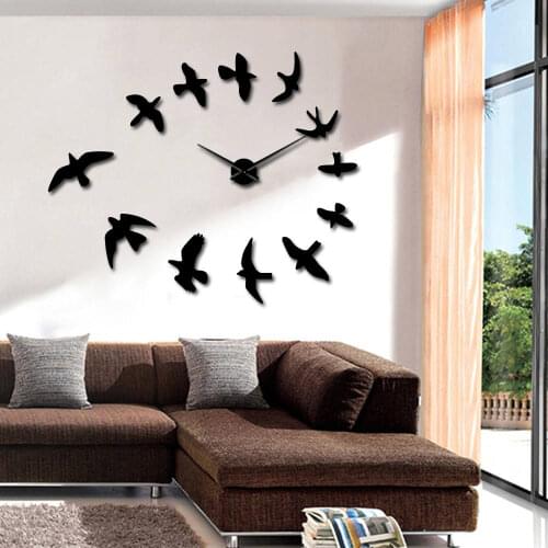 DIY Decorative Mirror Large Wall Clock Modern Design Flying Birds Frameless Clock Luxury Wall Art Decor Wall Watch Clock