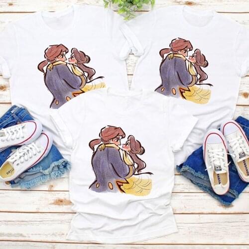 Family T-shirt Belle Princess Hug Prince Cartoon Movie Beauty and the Beast T-shirt Summer Adult Short-sleeved Children Tshirt