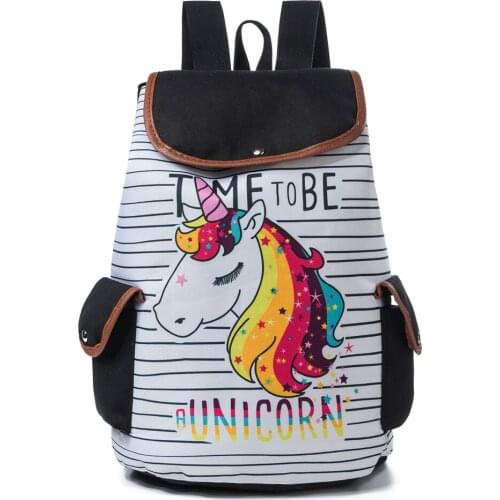 Child Cartoon Unicorn Printed School Backpack For Teenager Girl Drawstring Design Female Travel Rucksack Canvas Backpack Women