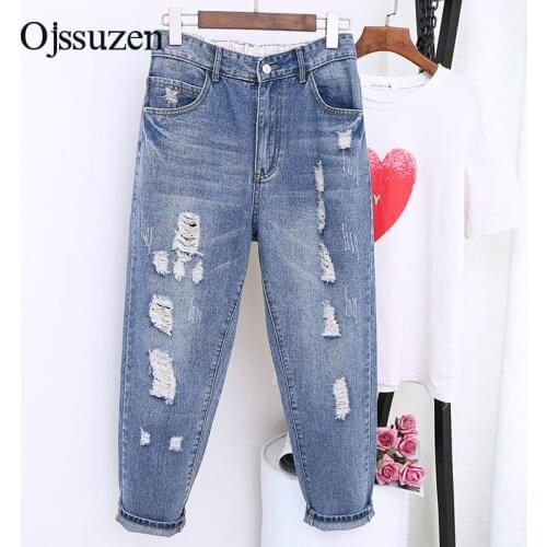Fashion Torn Jeans Womens Plus Size XL 5XL Ladies Ripped Jeans Washed Blue Elastic Waist Loose Woman Jeans Korean Style