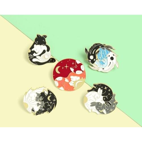 Day and Night Enamel Pins Custom Sun Moon Fox Koi Rabbit Bat Wolf Brooch Bag Clothes Lapel Pin Badge Starry Animal Jewelry Gift