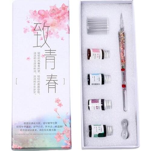 Signature Pen Dried Flower Design Strong Ink Gift Box Set Writing Absorption Lightweight Vintage Glass Dip Pen Set