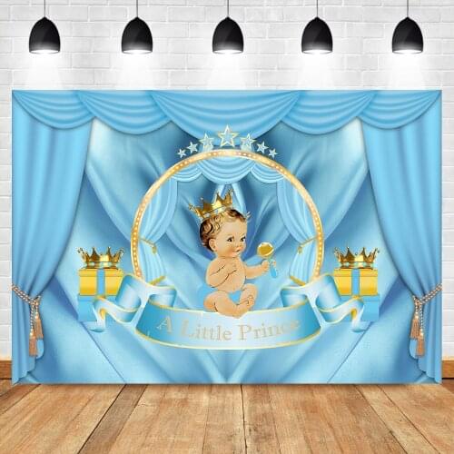 Neoback Royal Boy Baby Shower Photo Backdrop Sky Blue Curtain Dark Skin boy Background Photography