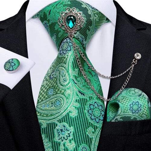 Mens Ties Green Paisley 8cm Width Neck Tie Handkerchief Cufflinks Set Business Wedding Party Gravata Ties Gift For Men DiBanGu