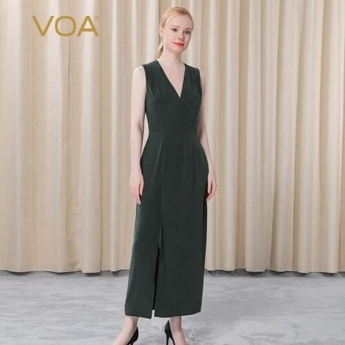 VOA Heavy Weight Silk 30m/m Dark Green Sexy Deep V-neck Vestidos Sleeveless Side Zipper Slim Slit Dress Women Dresses AE385