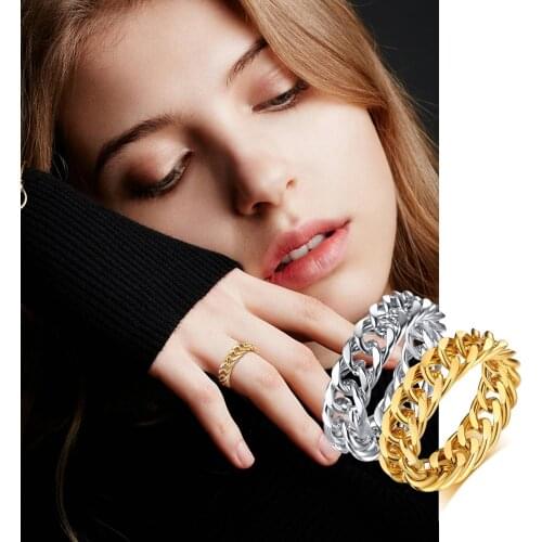 HIPHOP CUBAN CURB CHAIN RINGS FOR WOMEN STAINLESS STEEL 6MM THICK SIZE 6 TO 11