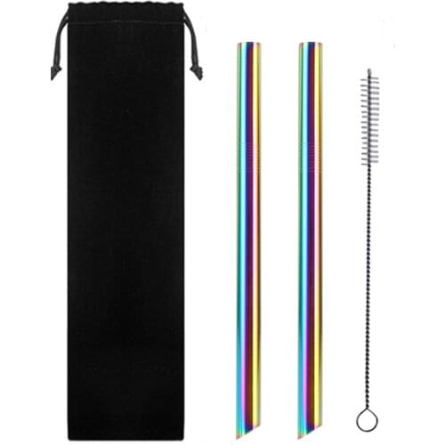 2Pcs Metal Pointed End Straw + 1Pc Brush Rainbow Drinking Straws Reusable Straws 12mm*215MM With Portable Box Or Bag