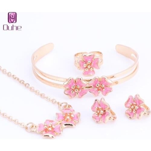 Fashion Girl Jewelry Lovely Flower Children Necklace Bangle Earring Ring Kids Baby Costume Jewelry Set 5 Colors