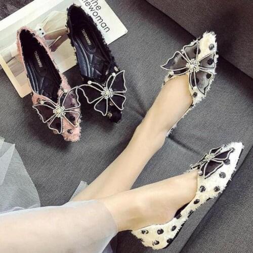Fashion Women Shoes Rhinestone Slip On Loafers Flat Shallow Single Shoe Bow Pointed Toe Footwear Breathable Summer Zapatos Mujer
